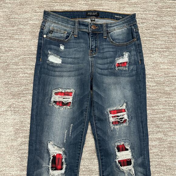 Judy Blue Jeans Womens 7/28 Skinny Fit Buffalo Plaid Patch Distressed Stretch - Picture 2 of 13
